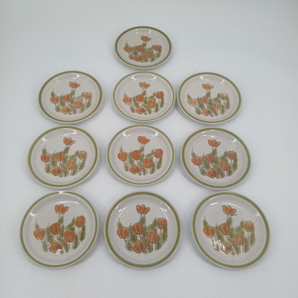 10 Vintage Meadowbrook Stoneware salad plate Orange Floral Tulip Japan